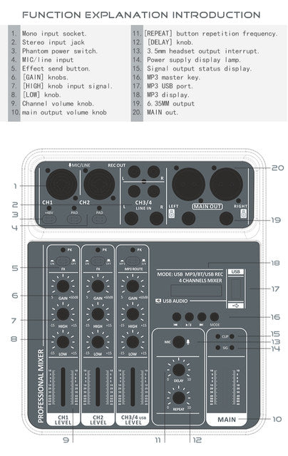 4 Channel Audio Sound Mixer 48V Phantom Power USB Studio Sound Mixers Bluetooth DJ Console Mixing