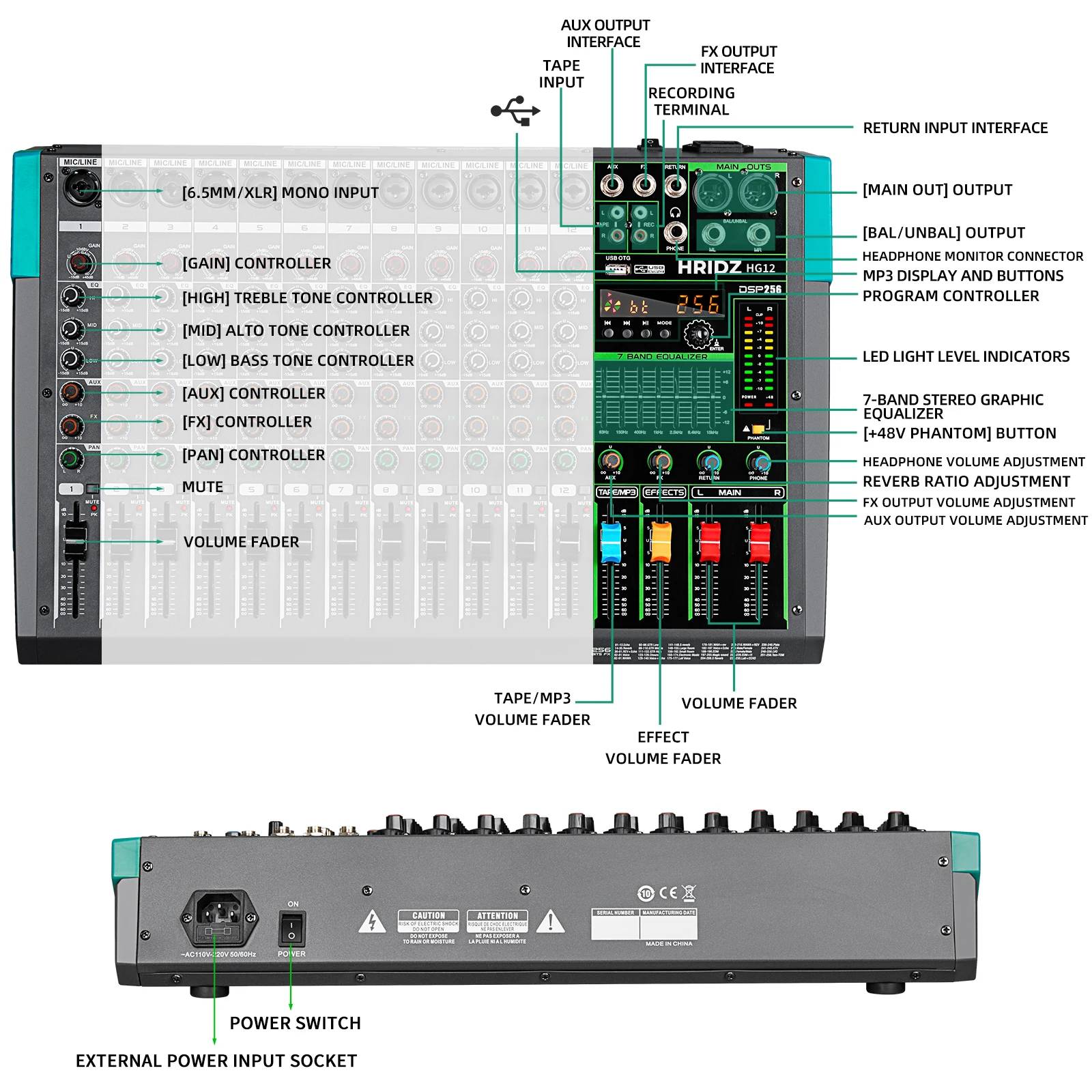 Hridz 12 Channel Professional Audio Mixer Console with Bluetooth, USB, 7-Band Equalizer, DSP Effects - HG12