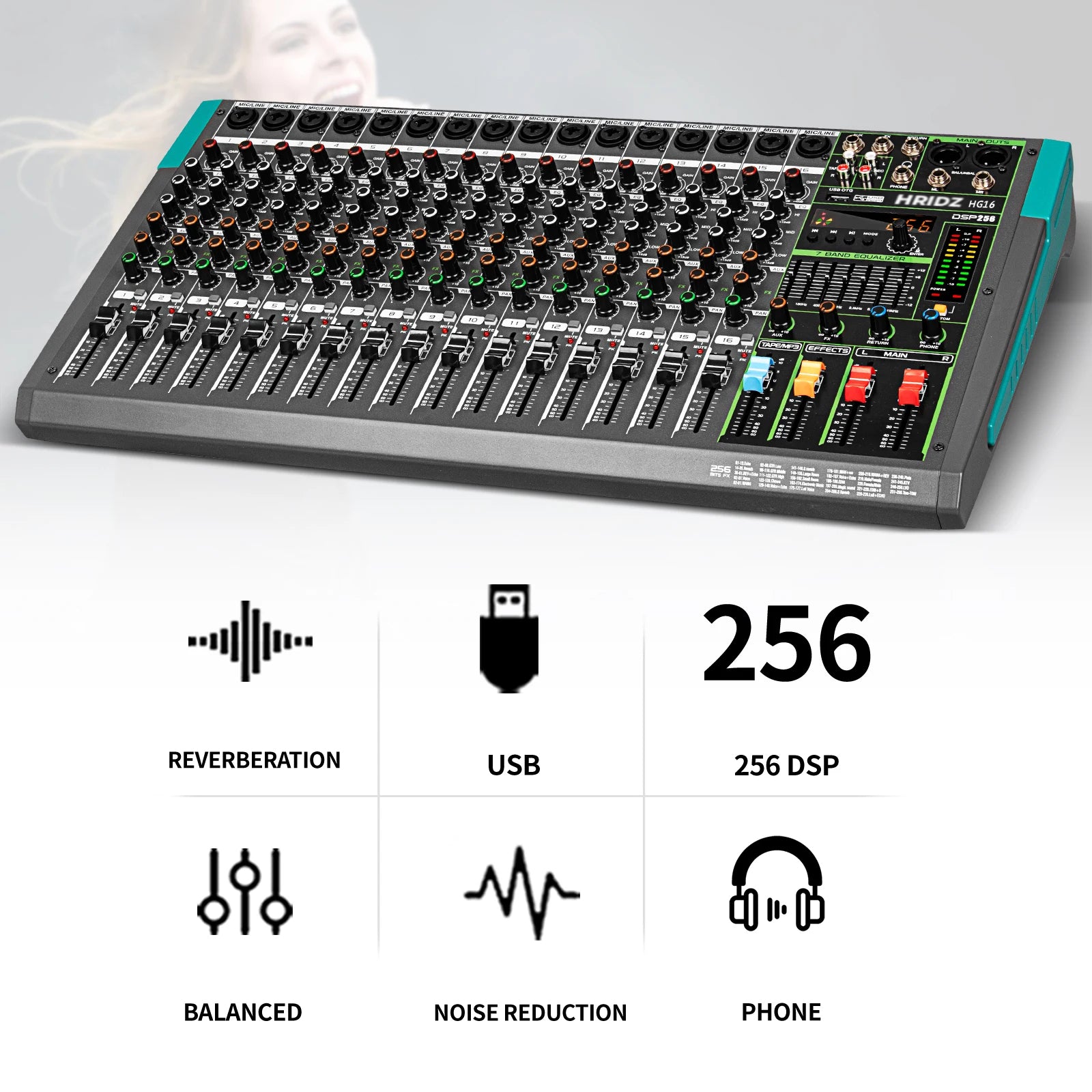 Hridz 16 Channel Professional Audio Mixer Console with Bluetooth, USB, 7-Band Equalizer, DSP Effects- HG16
