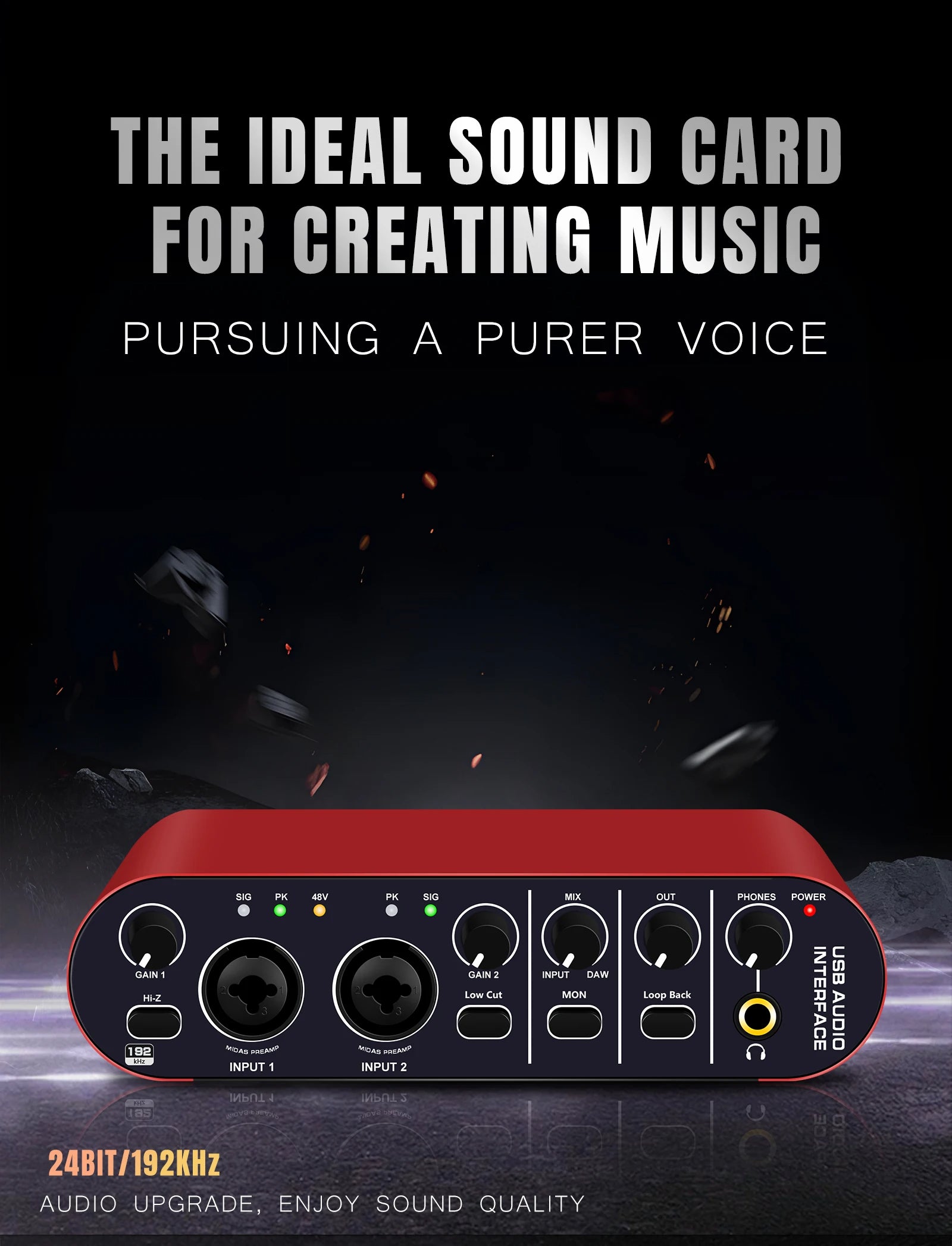Professional USB Audio Interface: 24-bit/192kHz Sound Card with Loopback & +48V Phantom Power