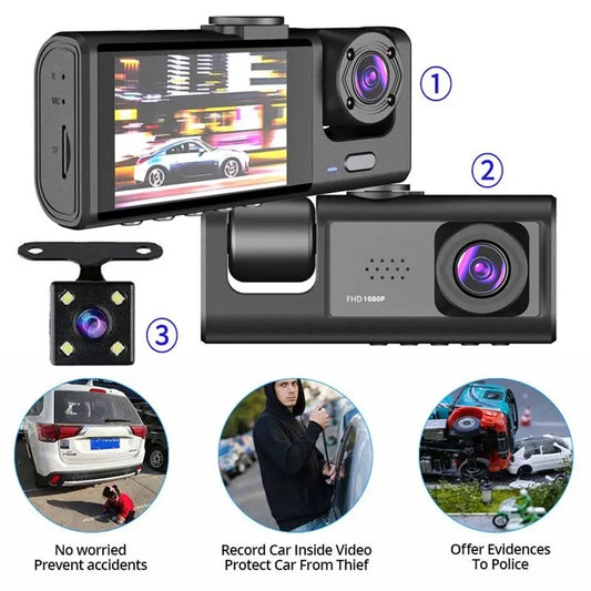 1080p Dash Cam 32GB memory card 3 Cameras With IR Night Vision Loop Recording 2 inch IPS Screen - Front Rear Camera