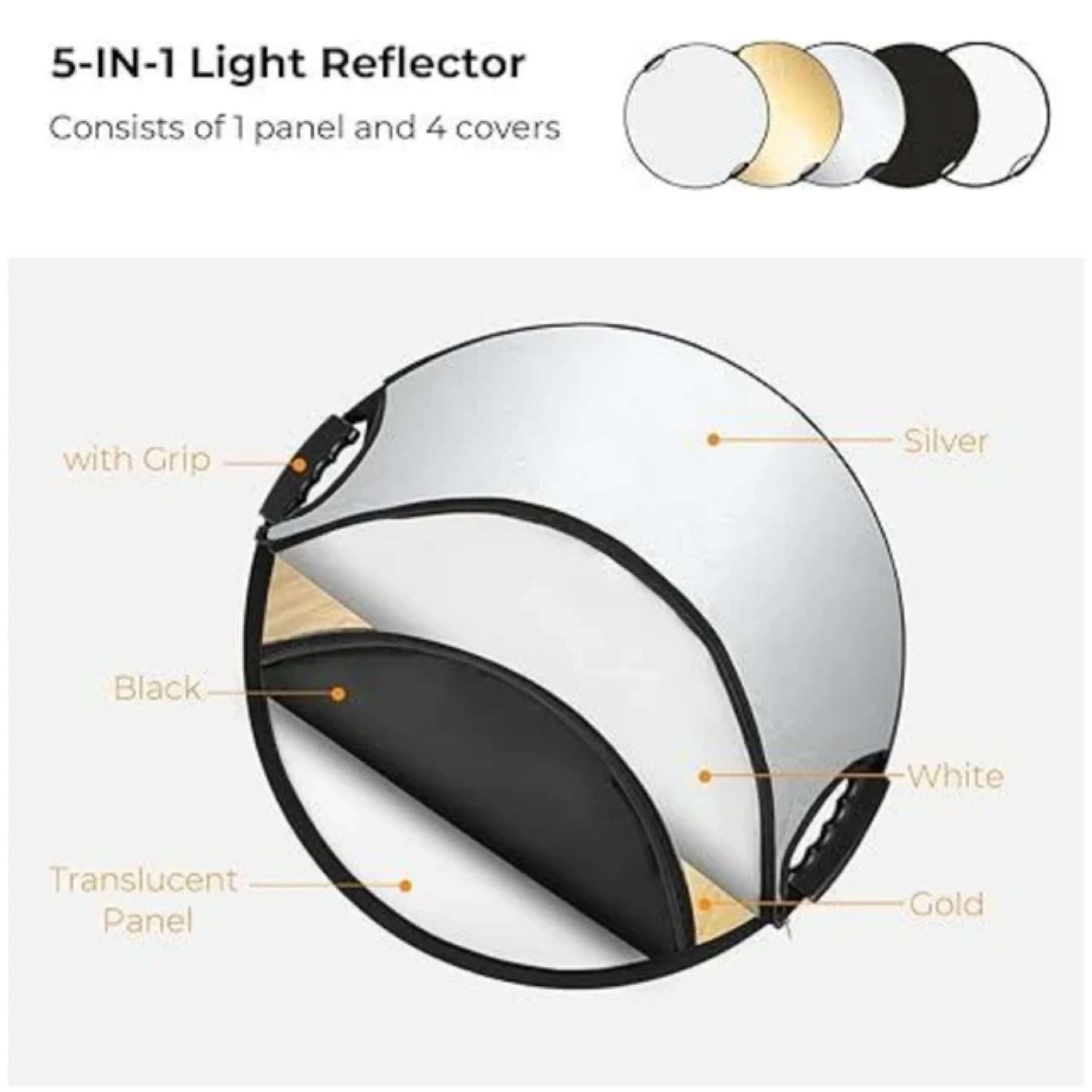 Hridz 110cm 5in1 portable light reflectors with Strong Handle Grip