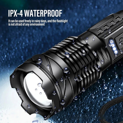 Powerful XHP70 LED Flashlight Waterproof 18650 Torch With Side Light 7 Modes