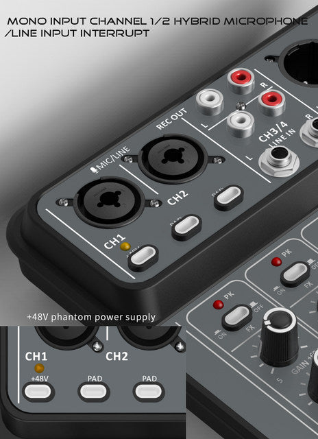 4 Channel Audio Sound Mixer 48V Phantom Power USB Studio Sound Mixers Bluetooth DJ Console Mixing