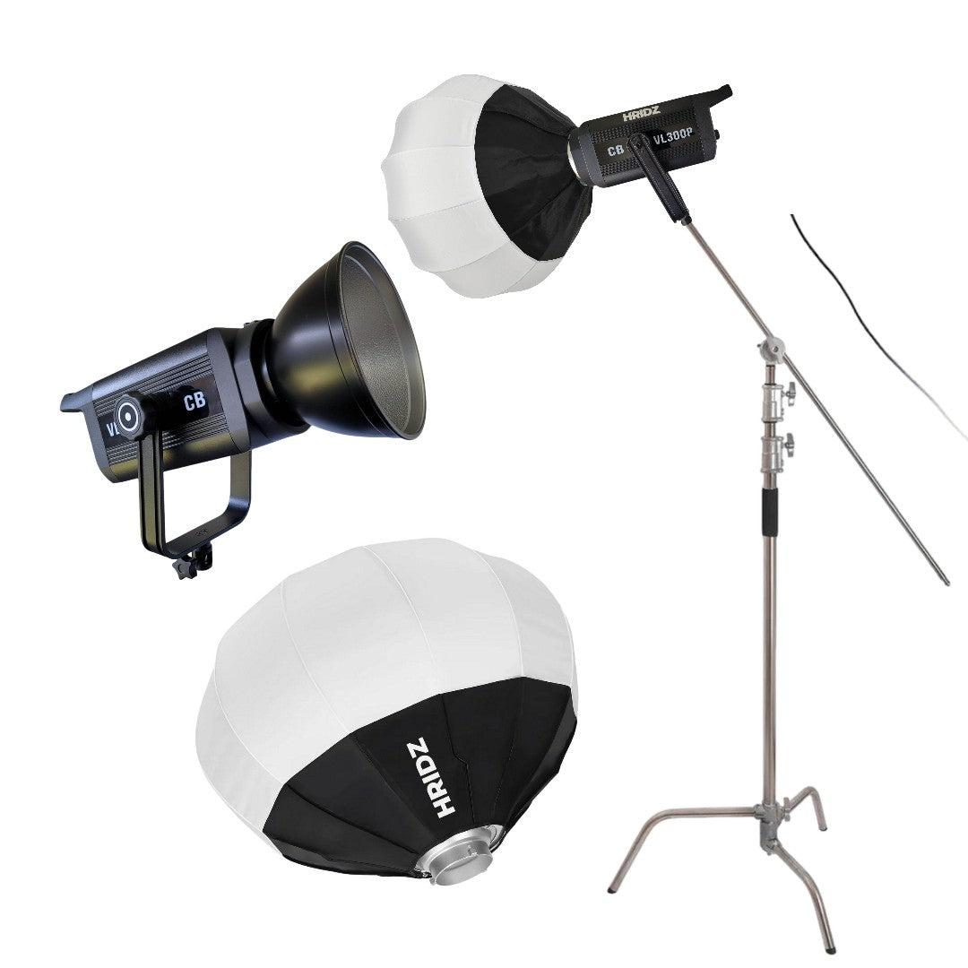 HRIDZ Pro Studio Lighting Kit – 300W COB Video Light + 330cm Heavy Duty C-Stand + 65cm Globe Lantern Softbox (Bowens Mount)