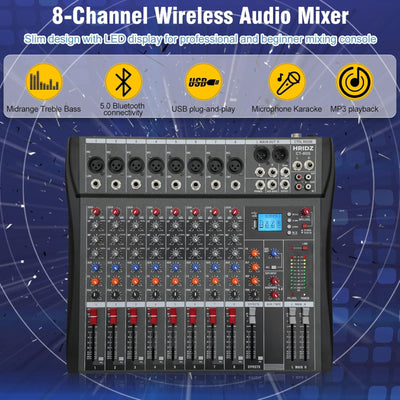 Hridz 8-Channel Karaoke Stereo Audio Mixer & 100m Range UHF Wireless Microphone Bundle