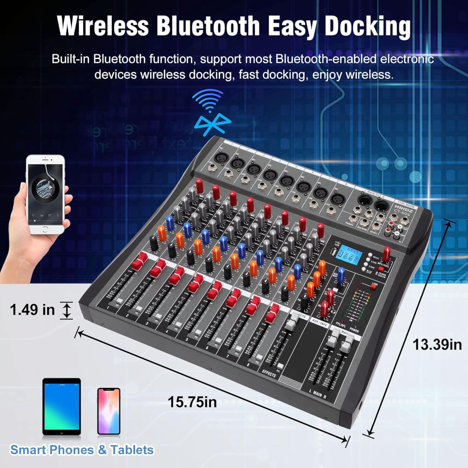 Hridz 8-Channel Audio Mixer with USB Sound Card & Bluetooth - Professional Studio Mixing for PC, DJ, Live Stage & Karaoke
