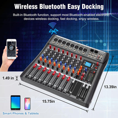 Hridz 8-Channel Audio Mixer with USB Sound Card & Bluetooth - Professional Studio Mixing for PC, DJ, Live Stage & Karaoke