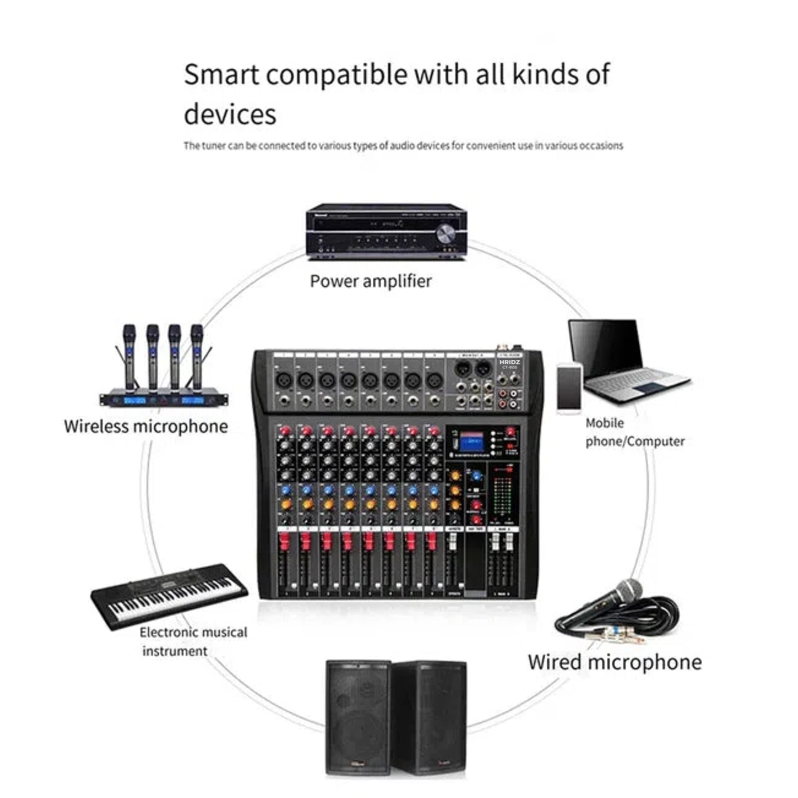 Hridz 8-Channel Audio Mixer with USB Sound Card & Bluetooth - Professional Studio Mixing for PC, DJ, Live Stage & Karaoke