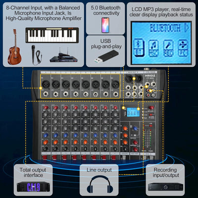Hridz 8-Channel Audio Mixer with USB Sound Card & Bluetooth - Professional Studio Mixing for PC, DJ, Live Stage & Karaoke