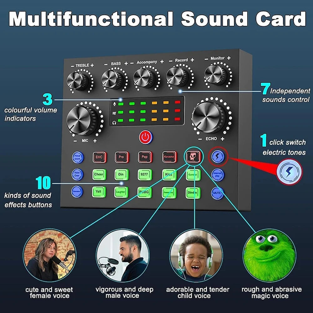 Hridz V8S Sound Card Bluetooth Sound Mixer Board for Live Streaming with Effects