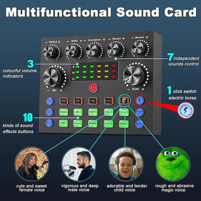 Hridz V8S Sound Card Bluetooth Sound Mixer Board for Live Streaming with Effects