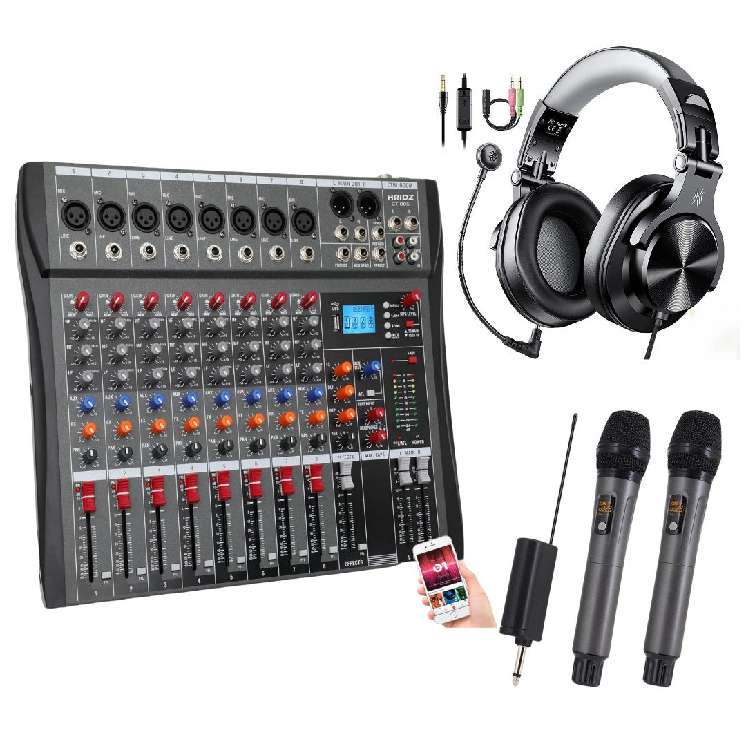 Hridz Pro Audio Bundle – 8-Channel Mixer + Dual Wireless UHF Microphones + A71D Hi-Res Wired Gaming Headset