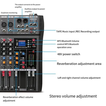 Hridz 6 Channels Bluetooth Mixer DJ Live Studio Audio Mixer USB Console Amplifier AUX