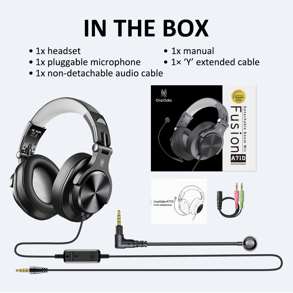 Profesisonal Wired Gaming Headset Gamer Hi-Res Over Ear Audio Headphones With Detachable Microphone