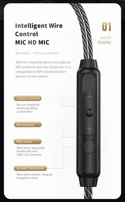 QKZ SK8 Wired IEM Headset With MIC HIFI Dynamic Stereo Heavy Bass 3.5MM AUX In Ear Monitor Earphone
