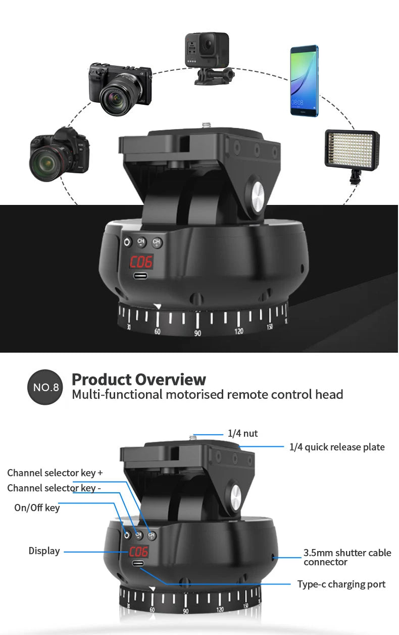 YT-1200 Rotation Panoramic Head with Remote Control Pan Tilt Motorized Tripod Electric head for Cameras