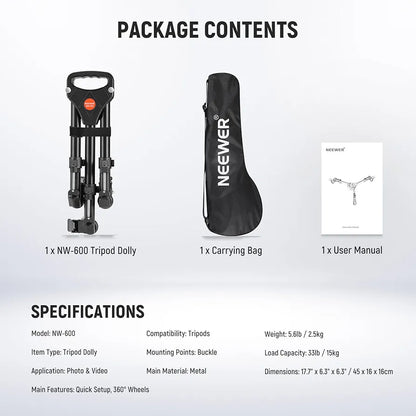 Heavy Duty Professional Universal Camera Tripod Dolly with 3-inch Rubber Wheels