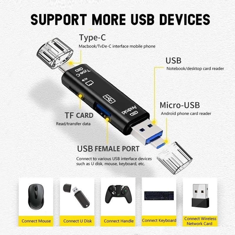5 in 1 Multifunction USB 2.0 Type C USB  Micro USB TF SD Smart Memory SD Card Reader