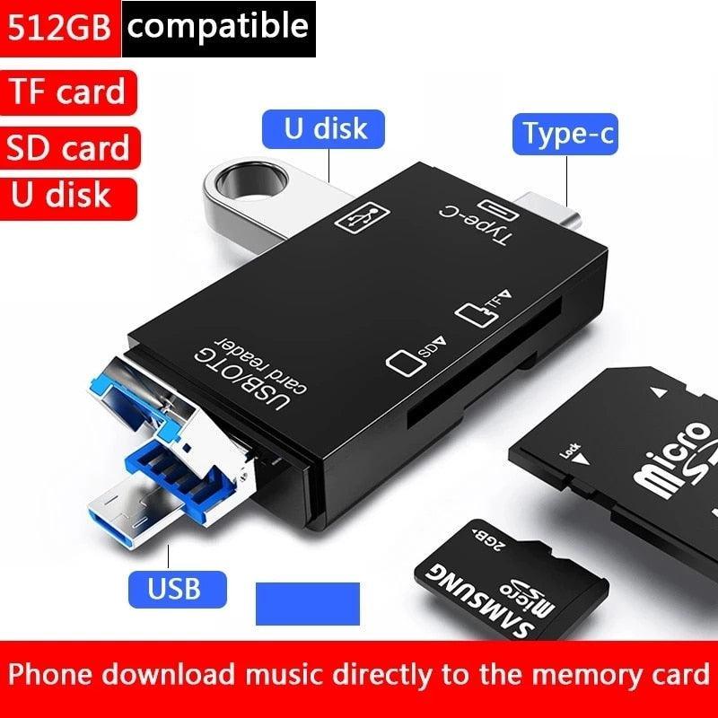 5 in 1 Multifunction USB 2.0 Type C USB  Micro USB TF SD Smart Memory SD Card Reader