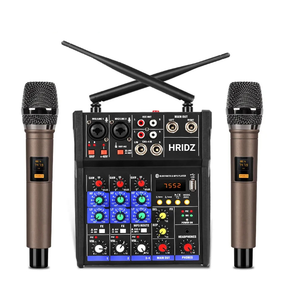 HRIDZ Stereo Audio Mixer Build-in UHF Wireless Mics 4 Channels Mixing Console