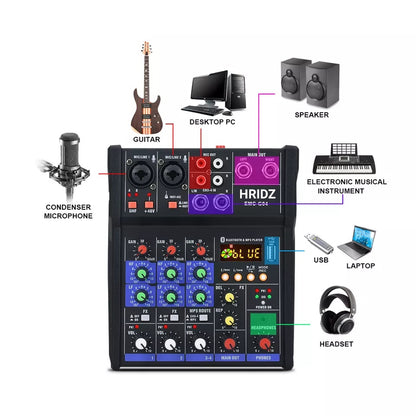 HRIDZ Stereo Audio Mixer Build-in UHF Wireless Mics 4 Channels Mixing Console