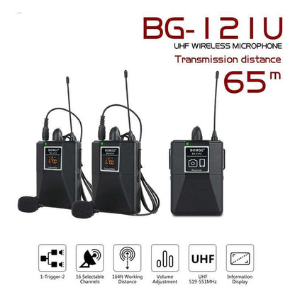 UHF Dual Channel Professional Wireless Lavalier Microphone with 65m Range for DSLR, Smartphone