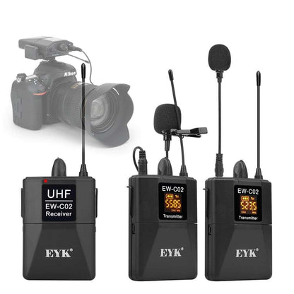 Eyk EW-C02 30 Channel UHF Wireless Dual Lavalier Microphone 60m Range Professional Mic set