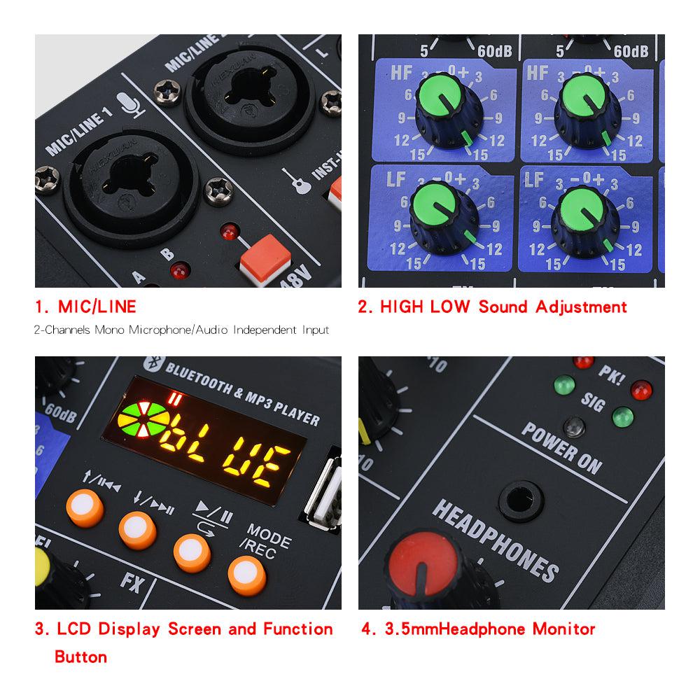 HRIDZ 4 Channel Audio Sound Mixer Karaoke DJ Machine with 2 Wireless Microphones